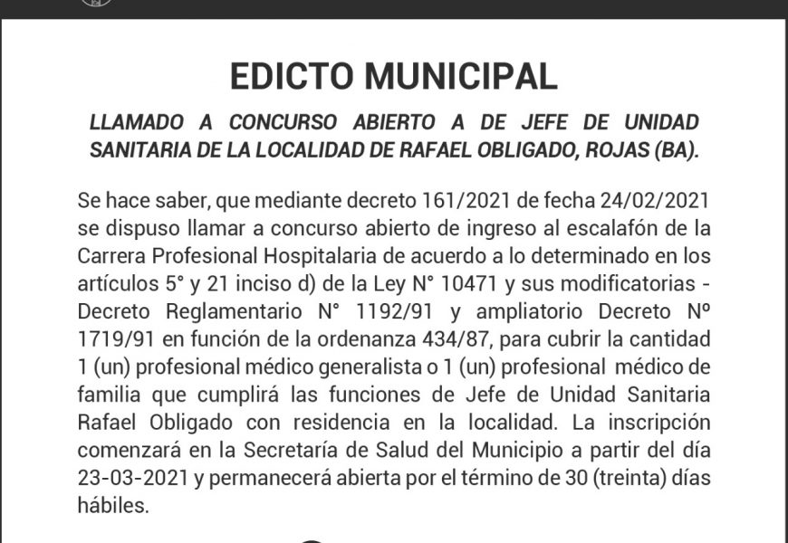 Rafael Obligado: Buscan cubrir Jefatura en la Unidad Sanitaria Rafael Obligado: Buscan cubrir Jefatura en la Unidad Sanitaria