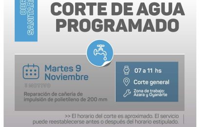 Habrá corte general de agua este martes