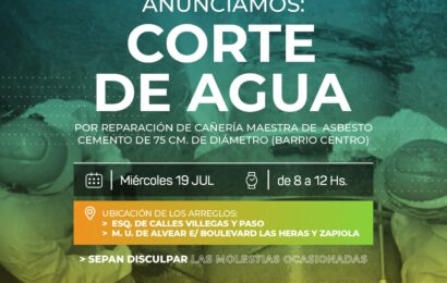 Corte de agua miércoles 19 de julio de 8 a 12 hs