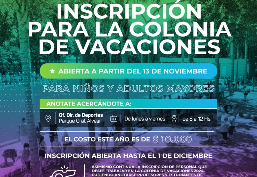 La Dirección de Deportes informa que a partir del lunes 13 de noviembre estará abierta la inscripción para la COLONIADE VACACIONES PARA NIÑOS Y ADULTOS MAYORES La Dirección de Deportes informa que a partir del lunes 13 de noviembre estará abierta la inscripción para la COLONIADE VACACIONES PARA NIÑOS Y ADULTOS MAYORES