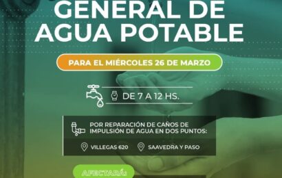 Corte de agua programado para el miércoles 26 de marzo, afectará toda la ciudad de 7 a 12 Hs