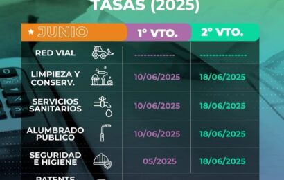 Cronograma con los segundos vencimientos de las tasas municipales para el mes de Junio