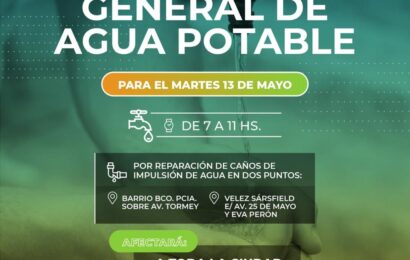 Este Martes habrá Corte de Agua general en toda la Cuidad de 7 a 11 hs