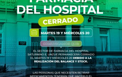 El martes 19 y miércoles 20 el sector de farmacia del hospital permanecerá cerrado El martes 19 y miércoles 20 el sector de farmacia del hospital permanecerá cerrado