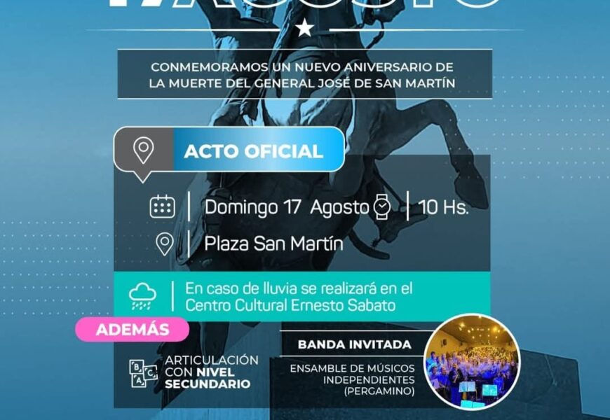 Este domingo 17 de Agosto se realizará acto en conmemoración del aniversario del fallecimiento del General José de San Martín Este domingo 17 de Agosto se realizará acto en conmemoración del aniversario del fallecimiento del General José de San Martín
