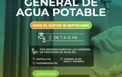 Corte de agua programado en toda la ciudad para este jueves 18 Corte de agua programado en toda la ciudad para este jueves 18