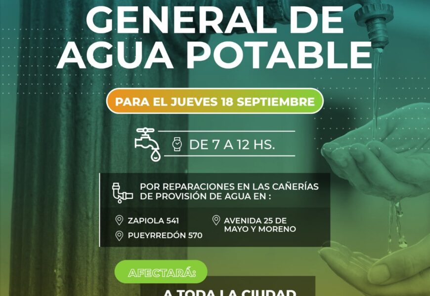 Corte de agua programado en toda la ciudad para este jueves 18 Corte de agua programado en toda la ciudad para este jueves 18