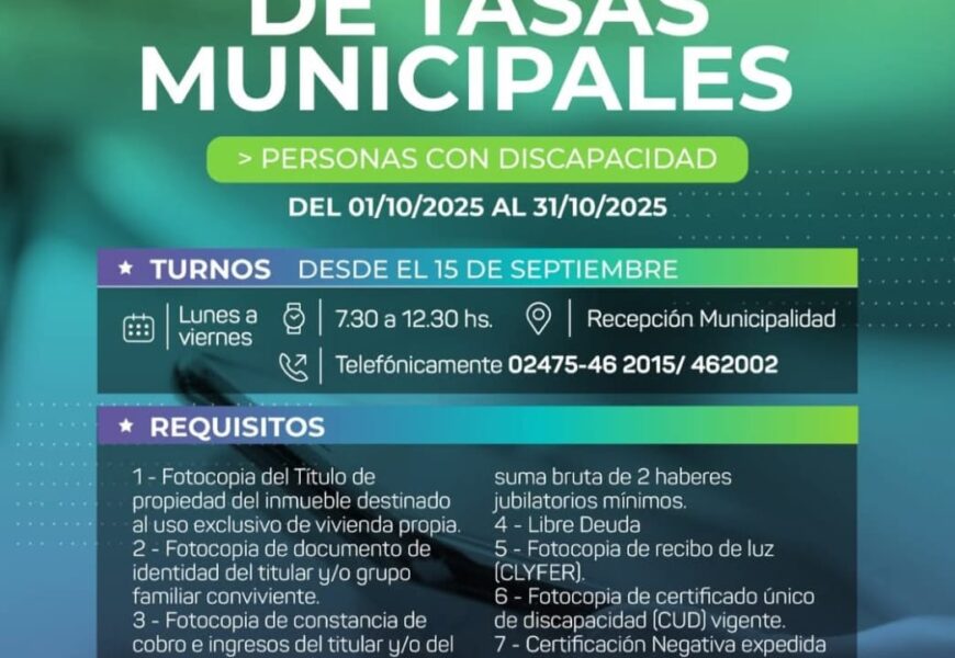 El 15 de septiembre comienza la inscripción para la eximición de tasas municipales para jubilados, pensionados y personas con discapacidad El 15 de septiembre comienza la inscripción para la eximición de tasas municipales para jubilados, pensionados y personas con discapacidad