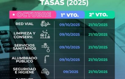 Cronograma de los vencimientos de las tasas municipales del mes de octubre Cronograma de los vencimientos de las tasas municipales del mes de octubre